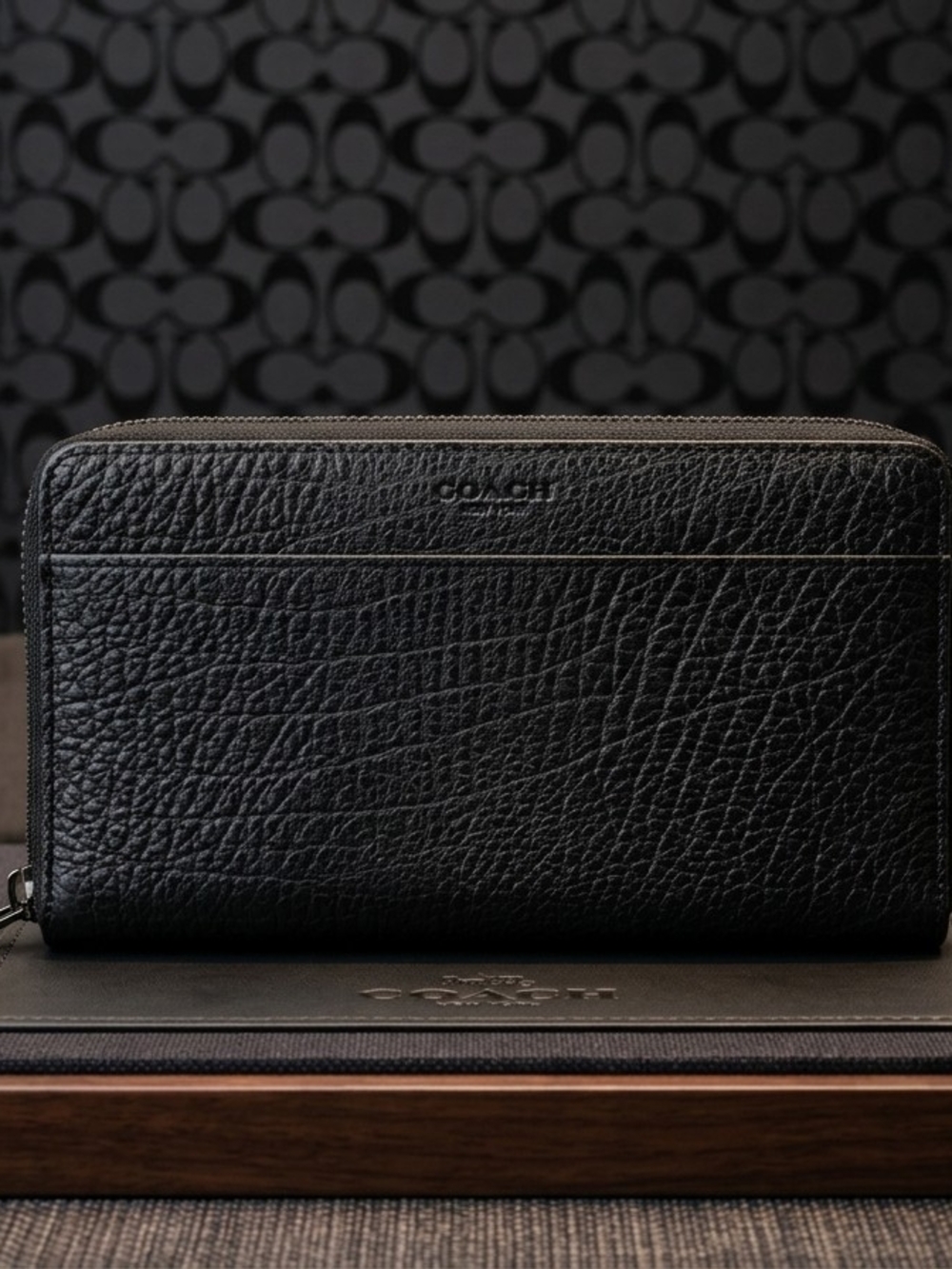 Coach Unisex Black Pebbled Leather Double Zip Wallet XL Organizer Clutch